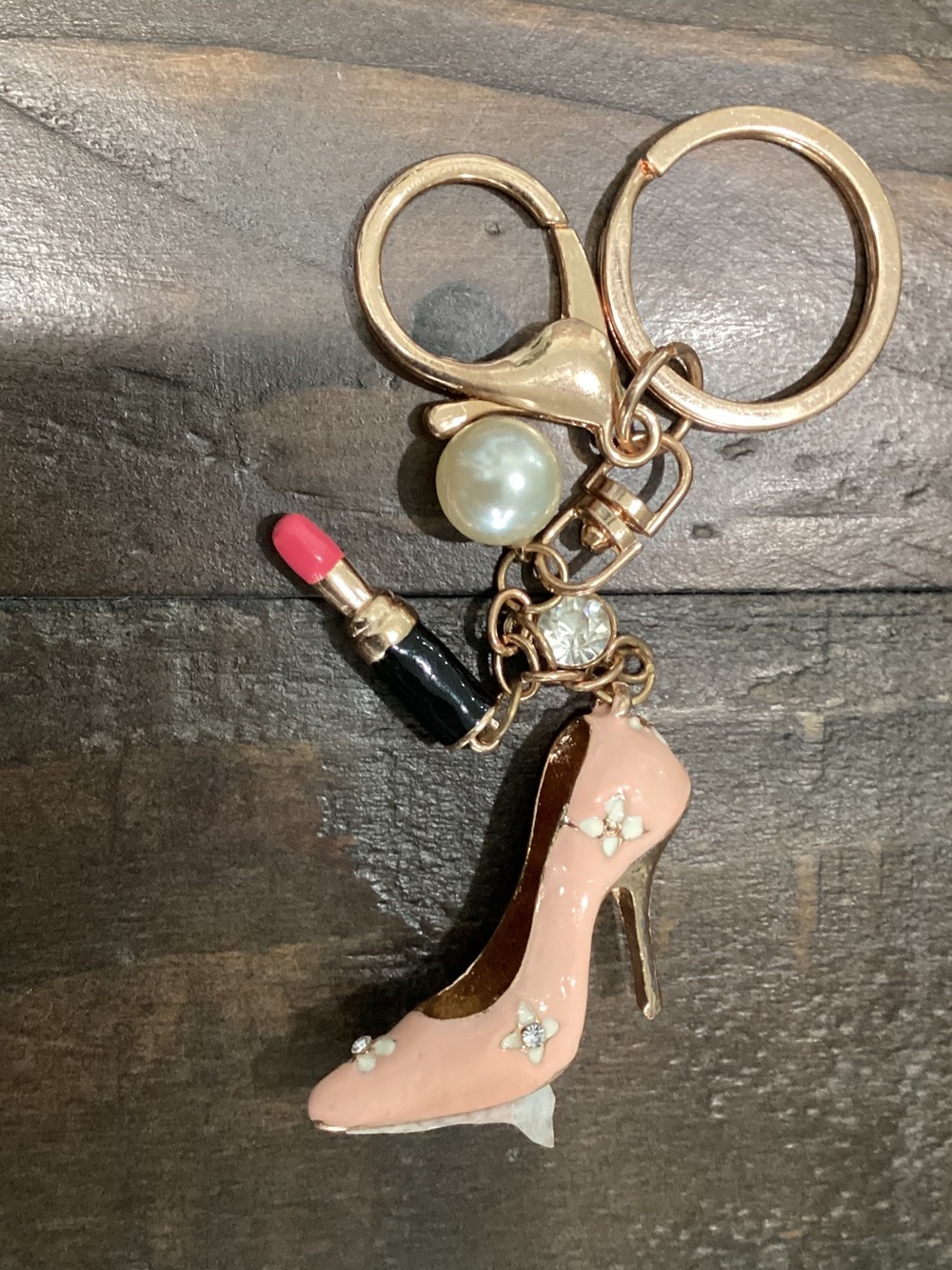 Gold-Tone Keychain with Pink High Heel and Lipstick Charms